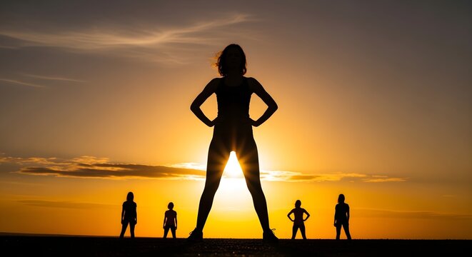 A vivid, atmospheric reinterpretation of silhouette of a woman standing strong with hands on hips against orange sunset, subtle shadowy figures behind, symbolic of empowerment and resilience, written