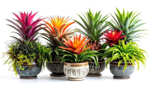 Assortment of vibrant blooming bromeliad and succulent houseplants in decorative pots isolated on white background, modern indoor gardening, botanical home decor concept