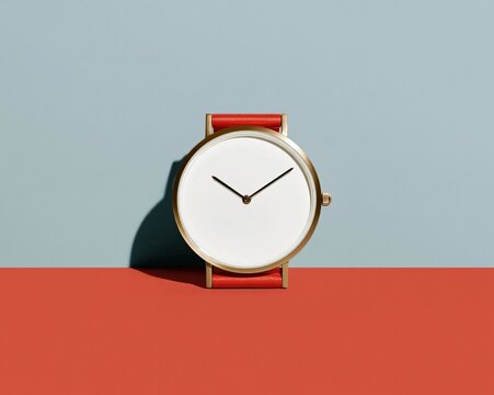 Wristwatch with a blank white dial and red strap on a bicolor background, a clean mockup with copy space for retail and graphic design