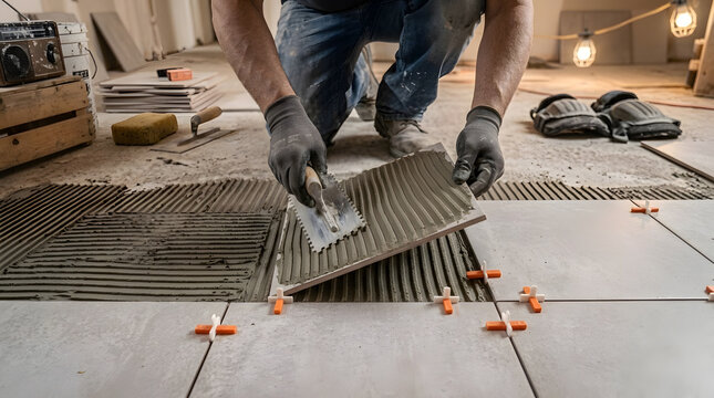 Tiler Spreading Thinset Adhesive for Ceramic Floor Tiles | Professional Tile Installation Process | Home Renovation Floor Work