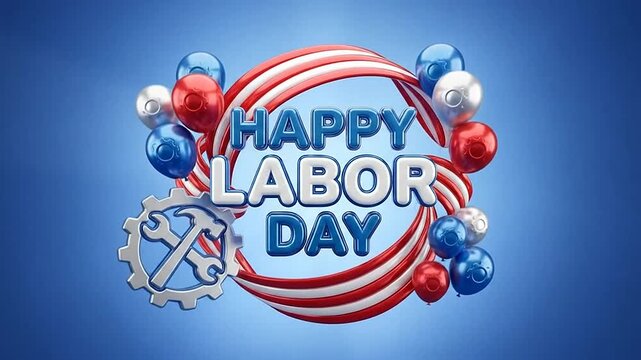 Happy Labor Day 3D Text Animation with Patriotic Ribbons and Balloons