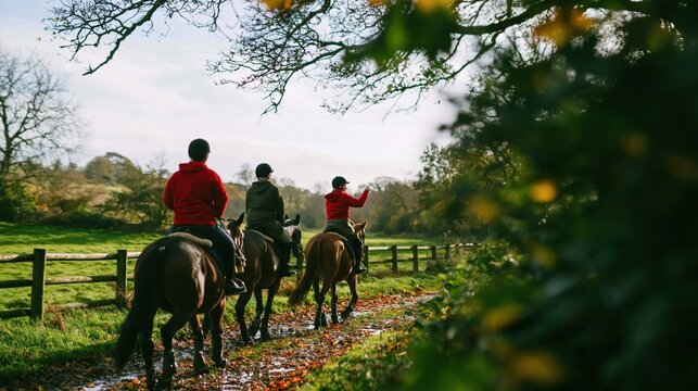 Three horse riders in hard hats travel in single file along a damp autumn bridleway, a natural scene for rural tourism and leisure