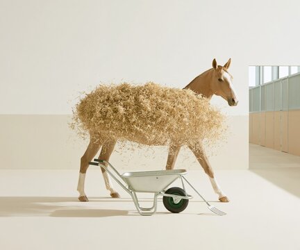 Suspended straw and bedding floating in a clean equestrian stable aisle with a wheelbarrow, featuring a minimalist aesthetic for bedding suppliers