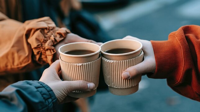 Coffee cups held by friends in a toast on a city street, featuring ribbed cardboard sleeves and cozy fabric textures for a morning meetup