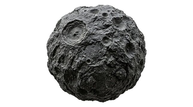 Isolated 3D render of a cratered dark grey asteroid or moon surface.