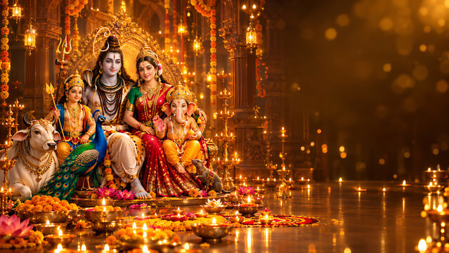 Peaceful Ganesha Ganpati Bappa Shiva Parivar with Lord Shiva Goddess Parvati Kartikeya Nandi Mushak and Peacock Ganesh Chaturthi Vinayaka Chaturthi Hindu Festival