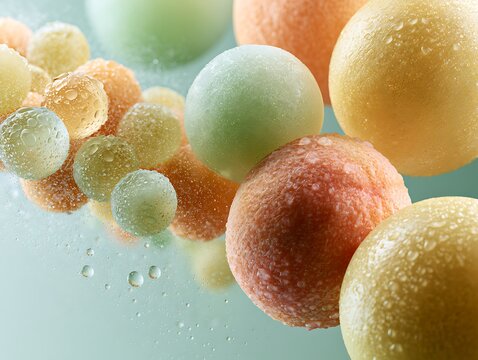 Colorful Molecular Gastronomy Spheres and Fruit Caviar Floating in Water