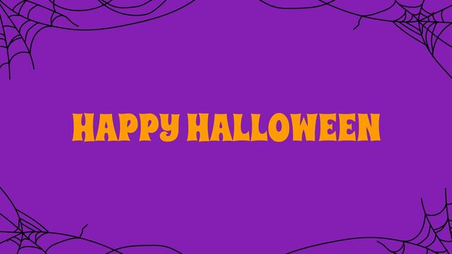 Happy Halloween animated text in a cartoon style background with flying bats