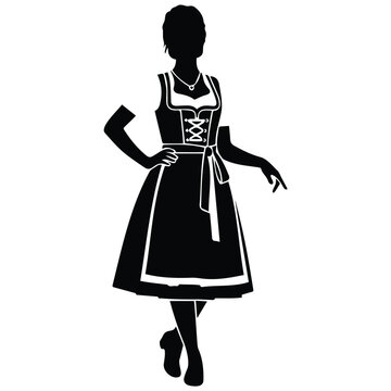 Woman wearing dirndl dress vector silhouette illustration line art for festival design.