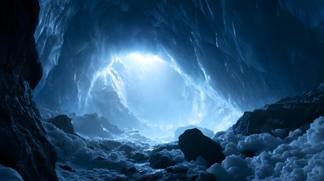 A breathtaking ice cave with glowing blue light illuminating intricate frozen formations and snowy ground
