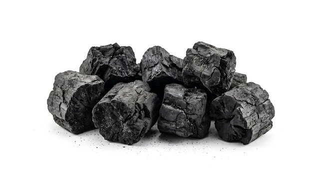 Pile of black charcoal briquettes isolated on white background.