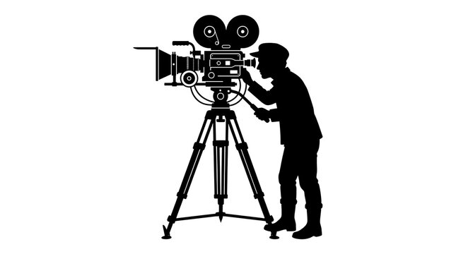 Silhouette of a Cameraman Operating a Professional Film Camera on a Tripod.