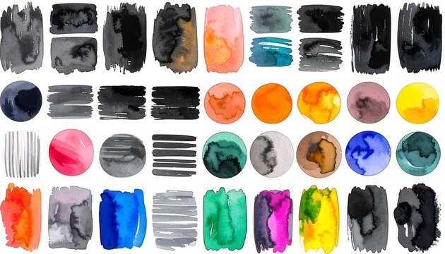 Collection of colorful watercolor paint brush strokes, abstract ink textures, circles, and rectangular swatches isolated on white background.