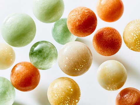 Colorful Molecular Gastronomy Spheres and Fruit Caviar on White Background