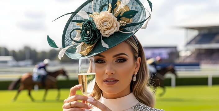 A refreshed and expressive rephrasing of close-up of elegant woman holding champagne flute, wearing extravagant Melbourne Cup fascinator hat, blurred racetrack and horses in background, glamorous fash