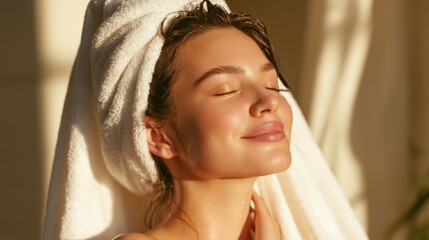 Fototapeta premium Young woman with towel wrapped around wet hair enjoying morning sunlight with eyes closed and peaceful smile on face in cozy home setting