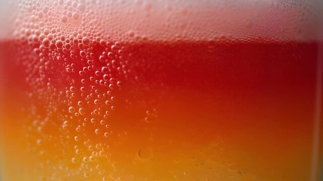 Close-up of cold amber carbonated beverage with white foam and condensation droplets on glass