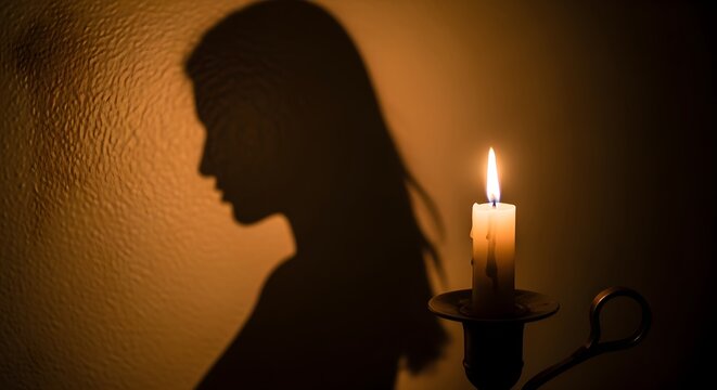 Close-up of lit candle with female silhouette shadow cast on wall, soft warm lighting, intimate symbolic tribute for remembrance and awareness