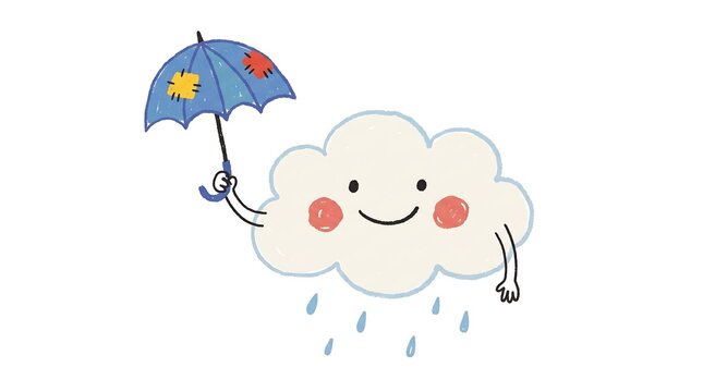 Happy rain cloud character holding blue patched umbrella illustration cute weather mascot with rosy cheeks hand drawn digital sketch for children educational materials and nursery theme.
