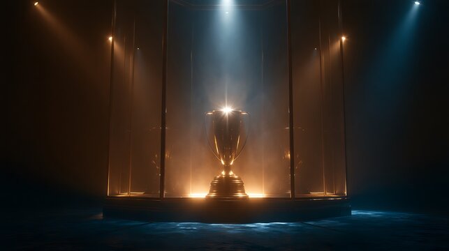Golden Championship Trophy Cup Under Dramatic Spotlight in Glass Display Case