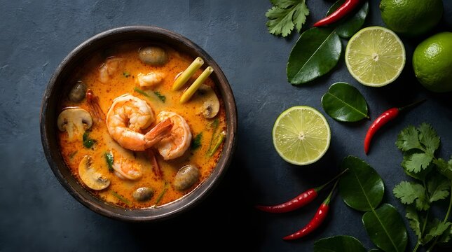 Top view of delicious spicy thai tom yum soup with shrimp served in a dark bowl