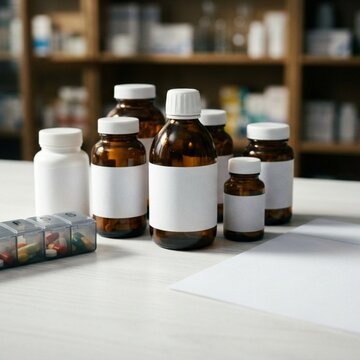 Medicine bottles with pill organizer and blank prescription pad on pharmacy counter