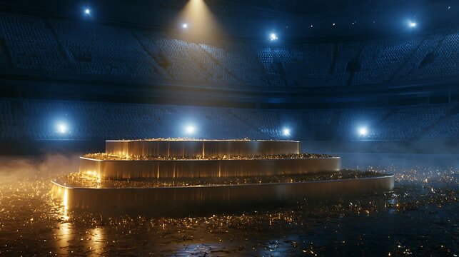 Luxury Gold Podium in a Dark Futuristic Stadium with Cinematic Lighting and Glitter