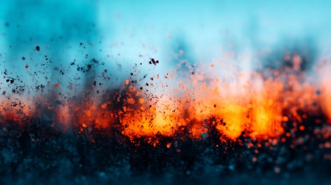 Close-up image of burning embers glowing orange with sparks flying against a blurred blue background.