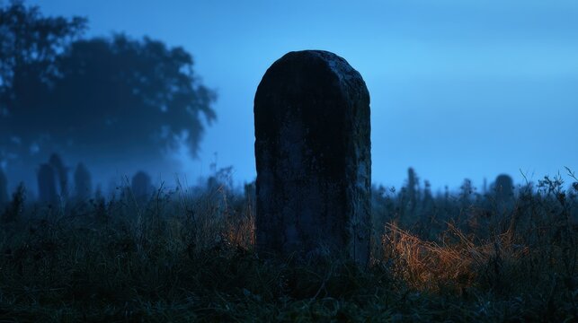 Dark eerie tombstone in foggy old graveyard at twilight with mysterious atmosphere and haunting blue light