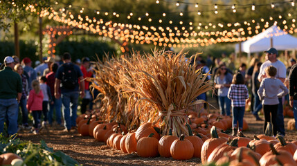 Aerial view of a festive pumpkin patch harvest festival with string lights bordering a corn maze entrance, people enjoying the outdoors with faces out of frame, golden cornstalks b © Olha Havelia
