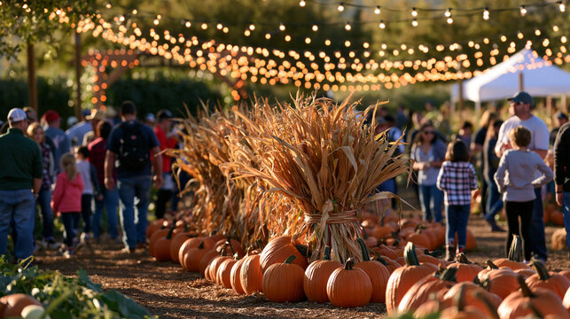 Aerial view of a festive pumpkin patch harvest festival with string lights bordering a corn maze entrance, people enjoying the outdoors with faces out of frame, golden cornstalks b
