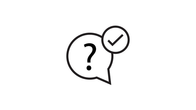 Speech bubble icon with question mark and checkmark for customer support feedback loop.