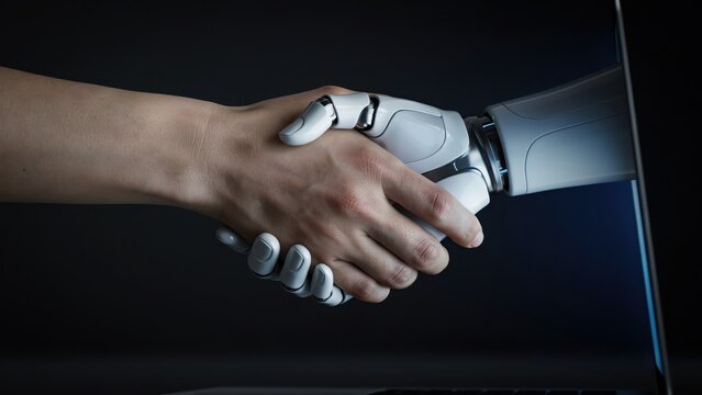 Futuristic robot handshake with human hand. Artificial intelligence partnership concept. Cyborg and person shaking hands from laptop screen.