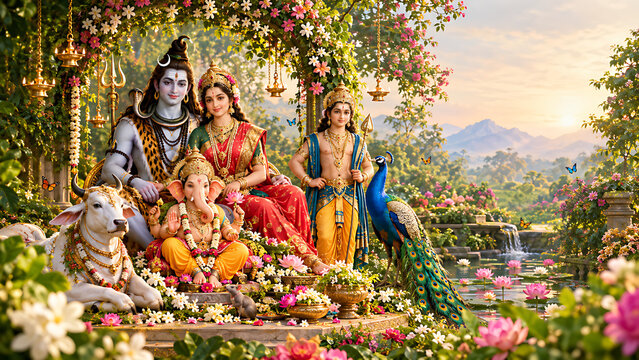 Traditional Shiva Parivar Celebration &ndash; Shiva, Parvati, Ganesh Ganpati Bappa, Kartikeya, Nandi, Mushak and Peacock, Maha Shivratri, Ganesh Chaturthi, Skanda Sashti