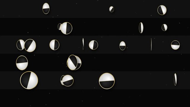Abstract moon phases moving across dark striped background with glowing circles
