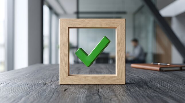 Green check mark in wooden frame on desk.