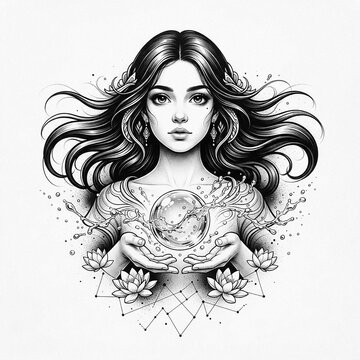 Aquarius zodiac sign tattoo design, beautiful young woman holding magical glass water sphere, neo-traditional tattoo style engraving illustration, symmetric sacred geometry with lotus flowers, isolate