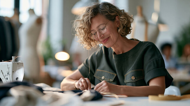 At the instant fine stitches ease a sleeve into its armhole, an environmental wide shot from a three-quarter view with deep focus shows a 50-year-old garment maker hand stitching a