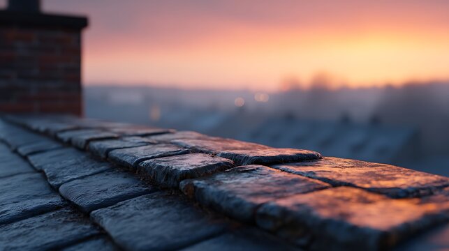 Close-up of an old, weathered slate roof at sunset with a blurred townscape in the background, creating a warm and nostalgic atmosphere.