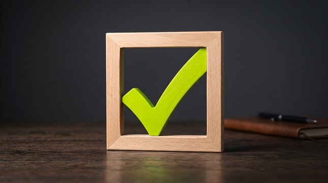 Green check mark inside wooden frame on polished desk table.