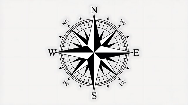 Vintage compass rose graphic with cardinal directions isolated on white background