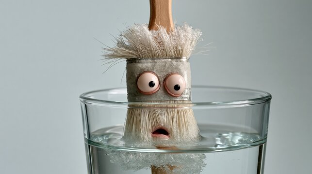 Paintbrush frozen in cup of water, looking surprised, bright white wall, copy space