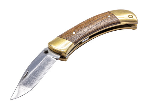 A traditional folding pocket knife featuring a sharp steel blade and a durable wooden handle with brass accents, isolated on white