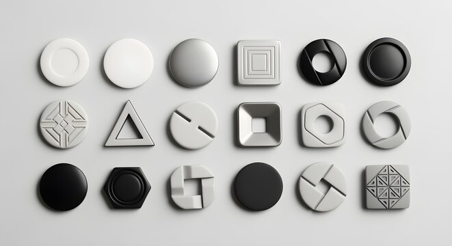 Flat lay of modern minimalist buttons with geometric shapes, monochromatic color palette, clean studio background, abstract design