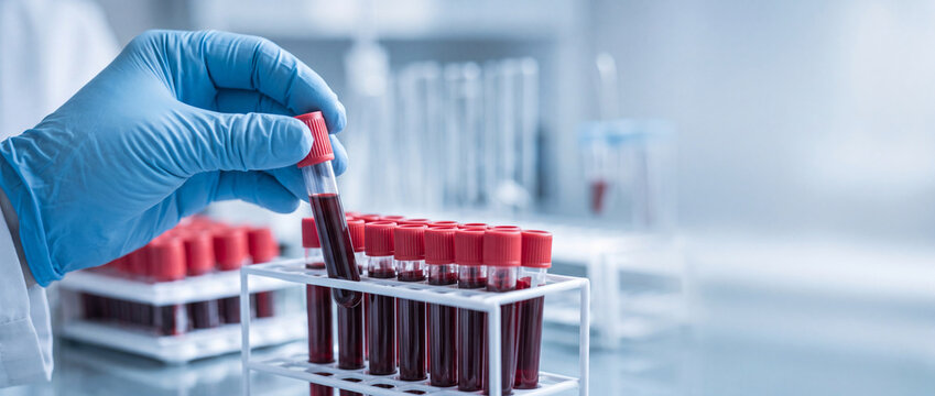 Scientist in blue glove holds blood test tube for clinical research and diagnostic lab testing in healthcare facility.