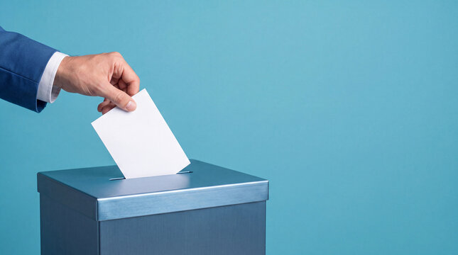 Businessman hand putting white ballot paper into blue voting box, concept for election, democracy, or feedback.