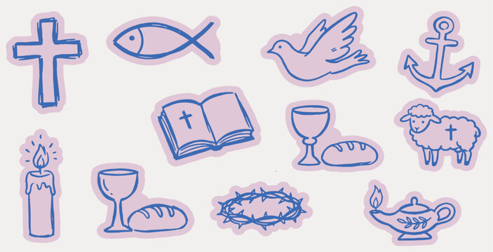 Collection of Christian religious symbols and icons drawn in a simple, sketchy style with blue outlines on a light background.