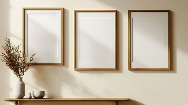 Three Blank Vertical Wooden Frames Mockup on Neutral Wall with Minimalist Decor