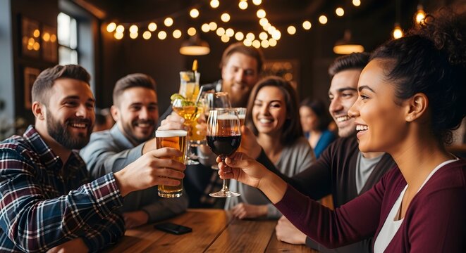 Friends raising glasses for toast, smiling naturally.