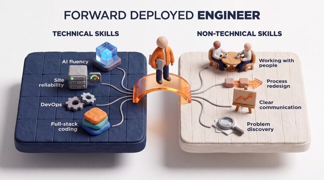 Forward Deployed Engineer skill set infographic with 3D clay style figure standing on a bridge connecting technical and non-technical skill platforms